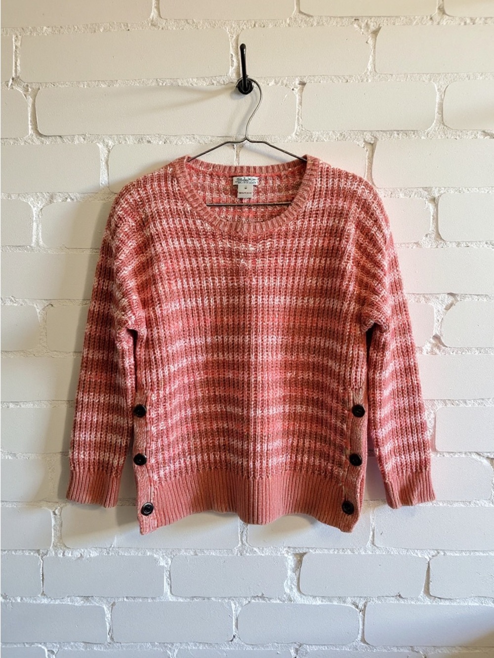 Lucky Brand Coral Orange Striped Side Button 3/4 Sleeve Knit Pullover Sweater M